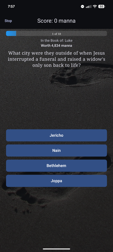 Answer feedback after a wrong guess, showing the correct answer and its Bible reference