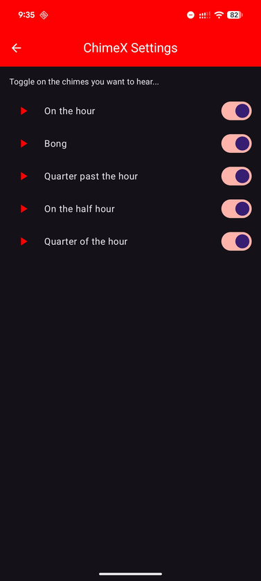 Chime settings — separate toggles for the hour, the bong, quarter past, half past, and quarter of