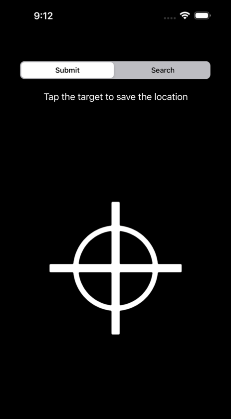 The Submit tab — a large crosshair target with the instruction to tap it to save the current location