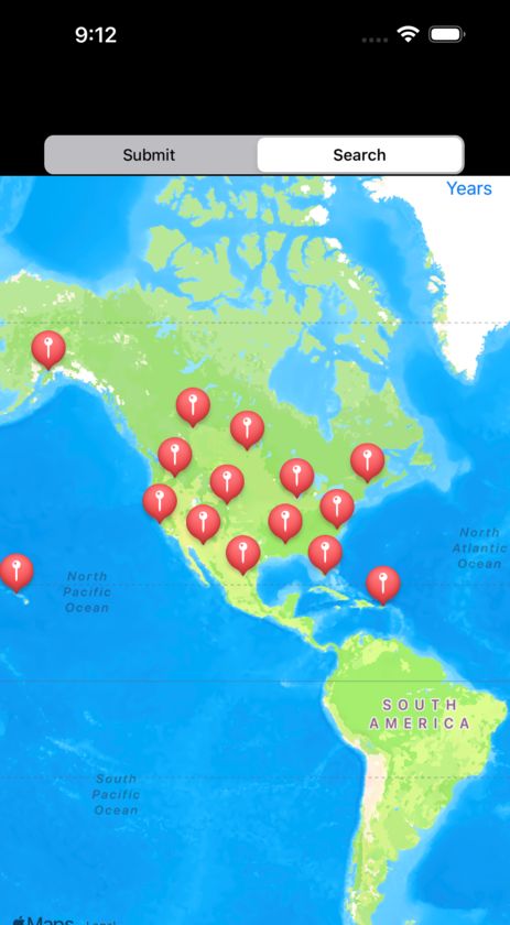 The Search tab showing submitted light displays as pins across a map of North America, with a Years filter