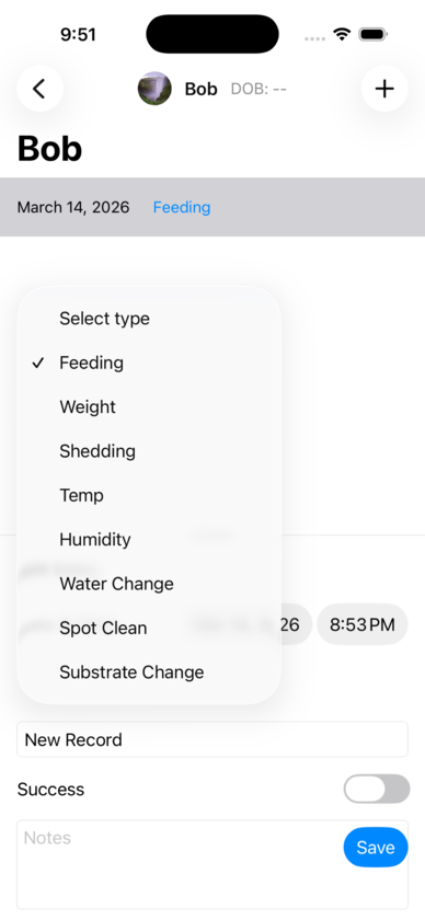 Choosing a record type — feeding, weight, shedding, temperature, humidity, water change, spot clean, or substrate change