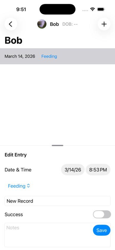Editing a feeding entry with date, time, success toggle, and notes